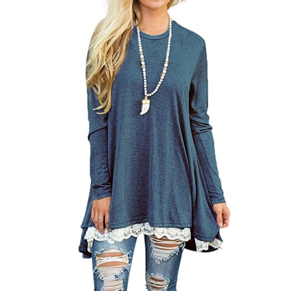 💠MIA Lace Trim Tunic Blouse in Blue💠